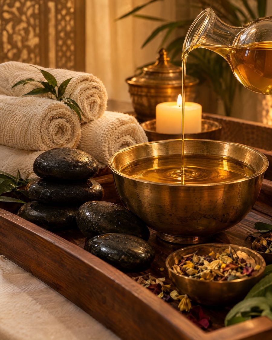 Ayurvedische Rückenmassage mit warmem Kräuteröl